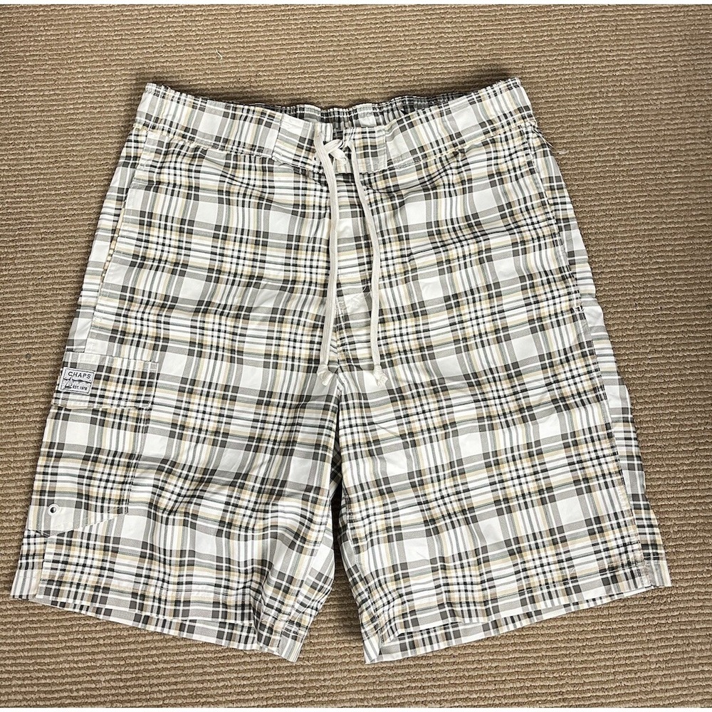 Chaps Swim Trunks Mens L/G Shorts Green Plaid Mesh Lined Polyester